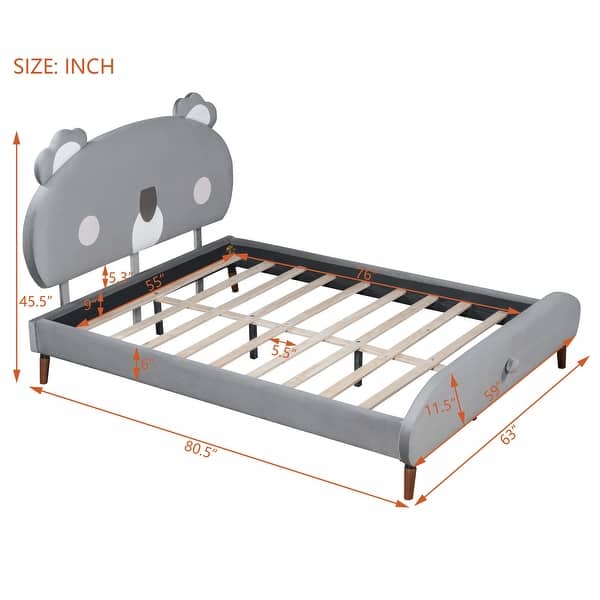 dimension image slide 1 of 5, Full Size Upholstered Platform Bed with animal Shaped Headboard, Adorable and Playful Addition to Any Bedroom