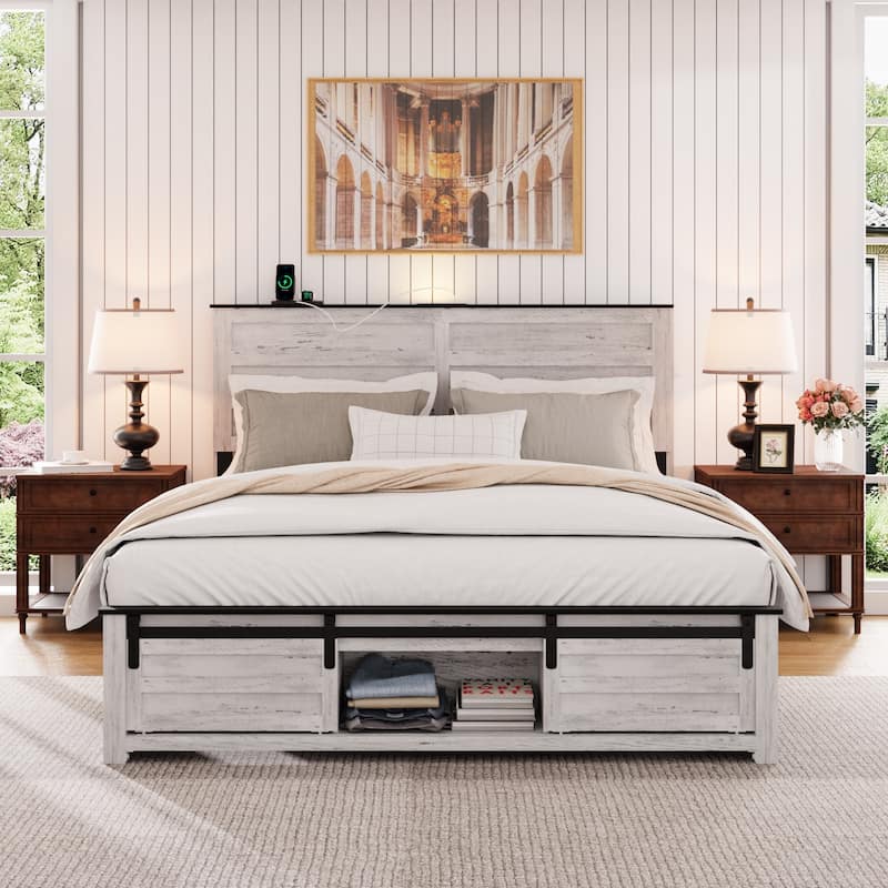 Queen Bed Frame with Upholstered Headboard and Wood Platform, Storage Headboard with Charging Station and LED