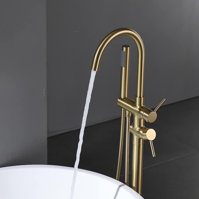 Bathroom Faucets Freestanding Floor Mount Tub Faucet Bathtub with Hand Shower in Brushed Gold