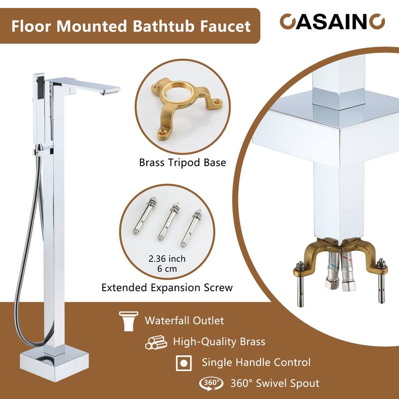 CASAINC Single-Handle Freestanding Floor-Mount Roman Tub Faucet with Hand Shower