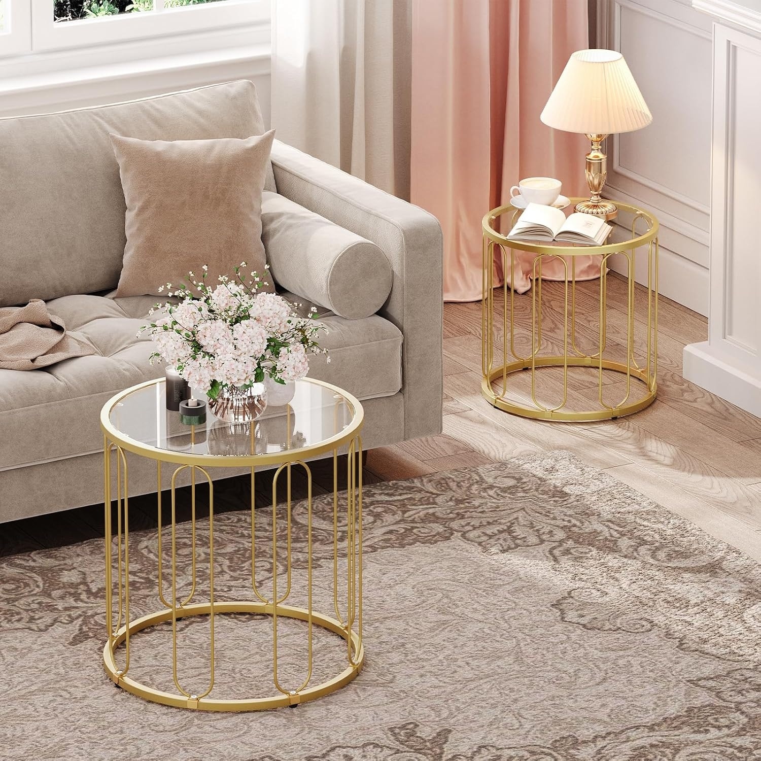 Coffee Table Set of 2, Gold Metal Frame with Tempered Glass Top, Round Side Tables for Living Room, Bedroom