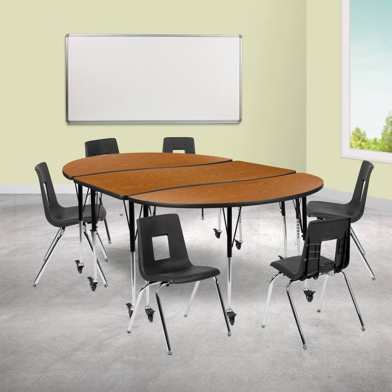 Mobile 86" Oval Wave Flexible Activity Table Set with 18" Student Stack Chairs - Oak