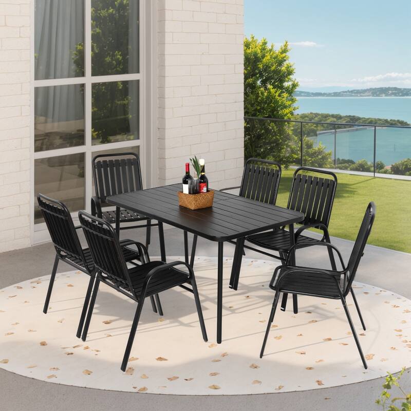 Outdoor 7 Pieces Dining Table Set and 6 Plastic Chairs, Patio Rectangular Steel Dining Table for Courtyard Poolside