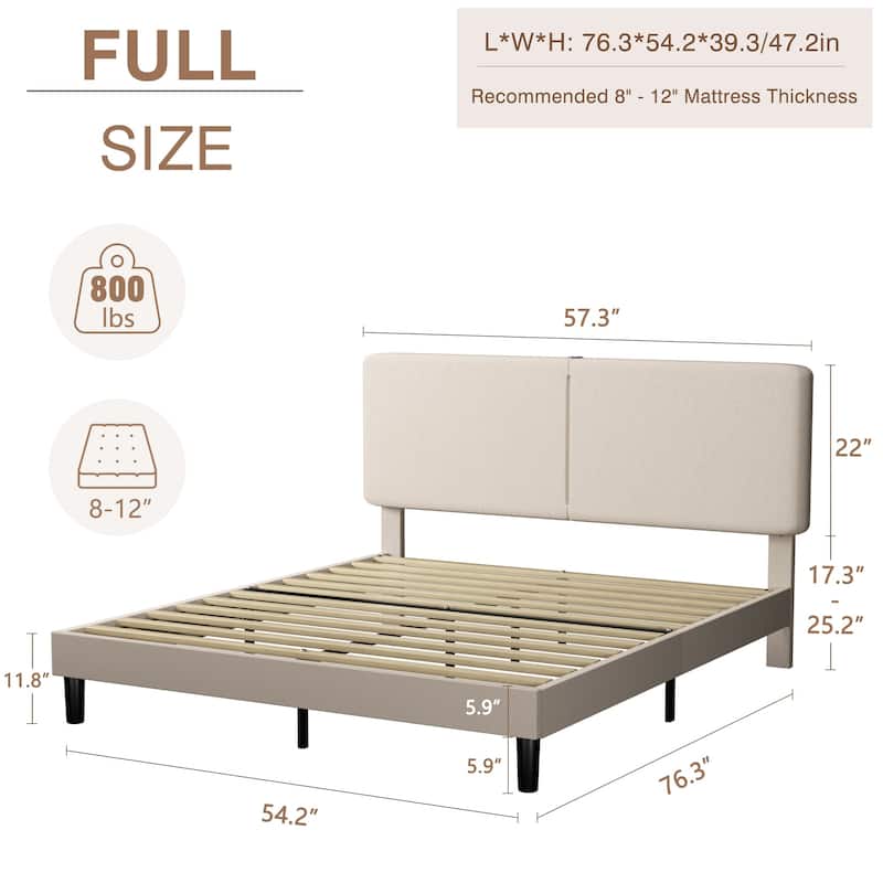 VECELO Adjustable Upholstered Split Headboard Bed Frame with Charging Station USB Port Type C No Box Spring Needed Noiseless Bed