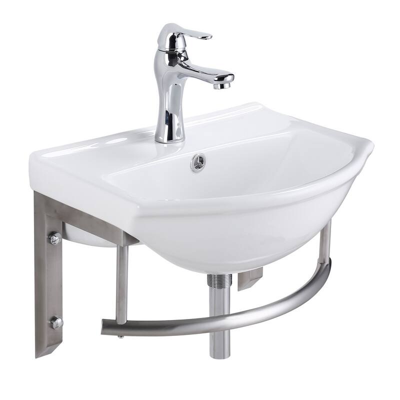 White Porcelain Wall Mounted Bathroom Sink with Faucet, Drain, Towel Bar and Overflow