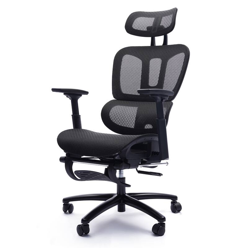 26 Inch Office Chair, Reclining, Footrest, Caster Wheels, Black Mesh