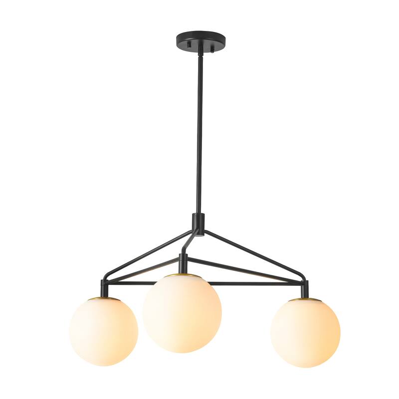 3-Light 30.7" W Modern Black Geometric Framework Design Metal Opal Bubble Glass Globe Chandelier for Bedroom, Living Room