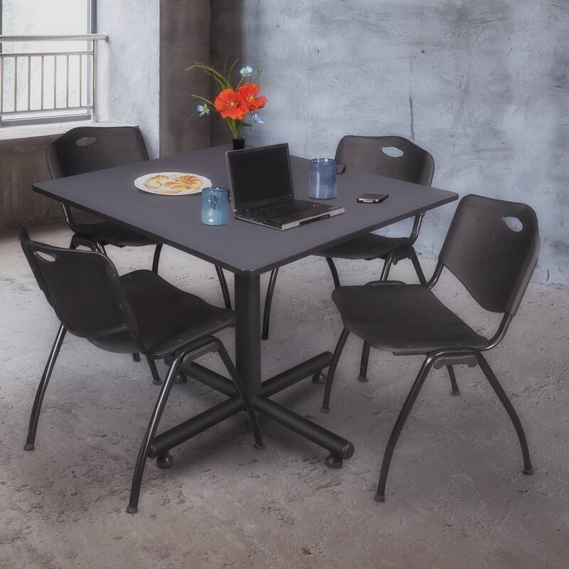 48" Square Breakroom Table- Grey & 4 'M' Stack Chairs- Black - Grey, Black - 48