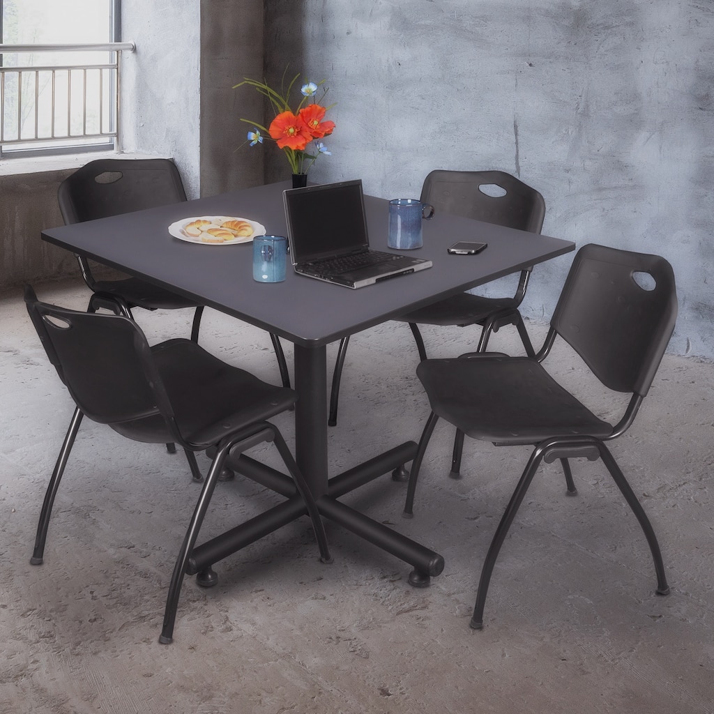 48" Square Breakroom Table- Grey & 4 'M' Stack Chairs- Black - Grey, Black - 48