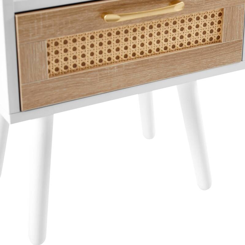 Rattan Nightstand with Drawer, Solid Wood Legs, 16"" Side Table