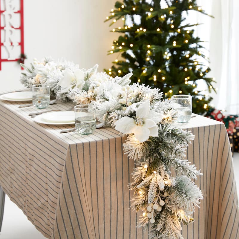 Glitzhome Set of 2/4 6ft Pre-Lit Flocked Greenery Pine White Poinsettia Christmas Garland