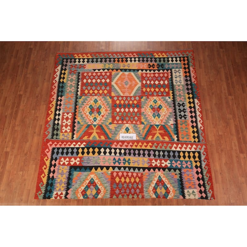 Geometric Kilim Oriental Area Rug Bedroom Flatweave Wool Carpet - 8'3" x 11'5"