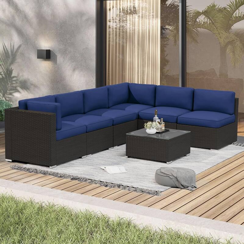 7 Piece Outdoor Patio Furniture Set Grey/Black Wicker Conversation Sectional Sofa Set with Coffee Table and Cushions