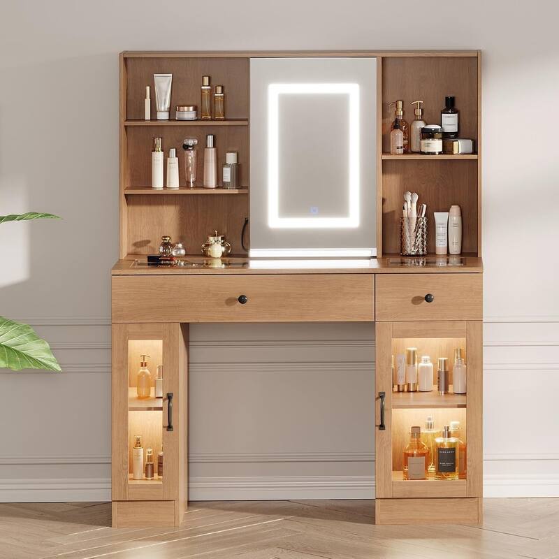 3-Color LED Light Makeup Dressing Table Vanity Desk with Sliding Mirror - Almond