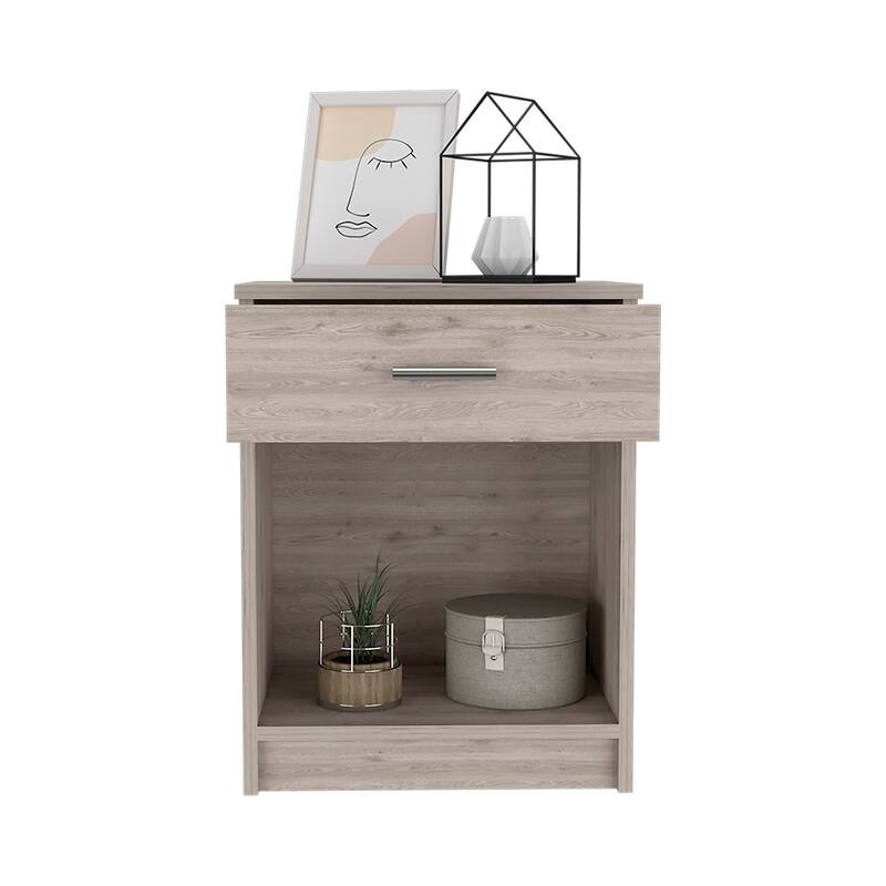 Modern Light Gray Nightstand with Drawer and Shelf, Space-Saving Design for Bedroom or Living Room