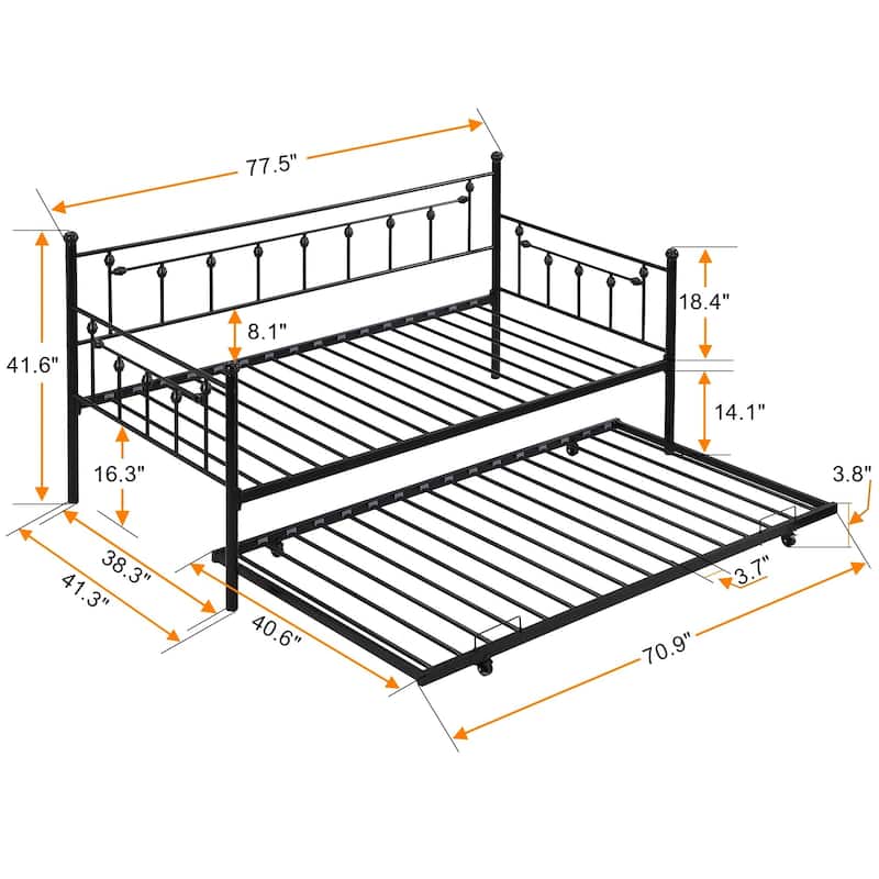 Daybed with Trundle Bed, Twin Bed Frame with Metal Slats Supports