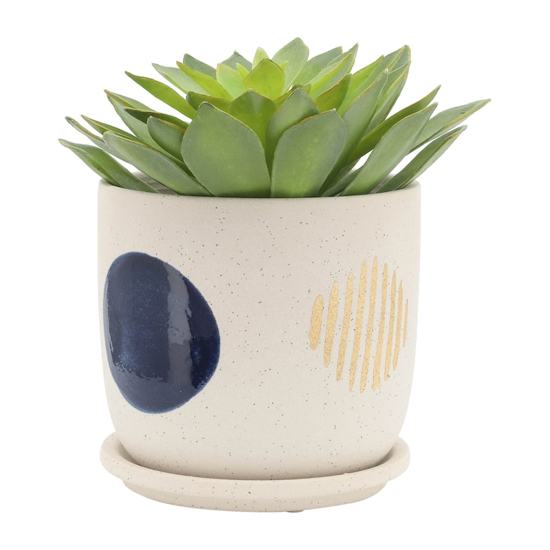 Set of 2 Ceramic Planters 5" & 6" White Planters on Saucers Contemporary Funky Circle Design For Indoor or Outdoor