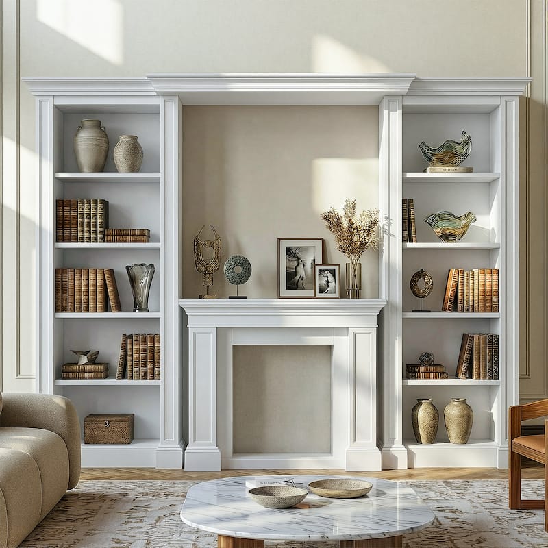 Electric Fireplace Mantel with Bookshelves, 115.5" Entertainment Center with Built-in Shelving
