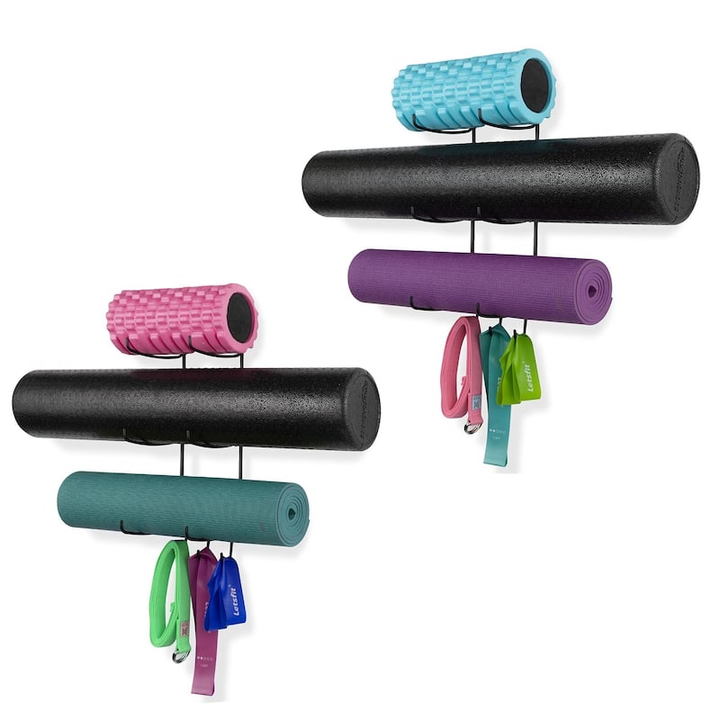 Wall Mount Yoga Mat Holder and Foam Roller Rack with 3 Hanging Hooks for Yoga Straps, Set of 2