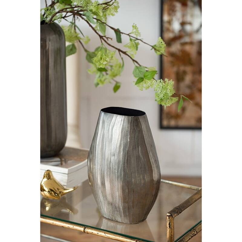 9.5x5.5x12" Aluminum Layered Chisel Oval Vase Modern Metallic Home Decor