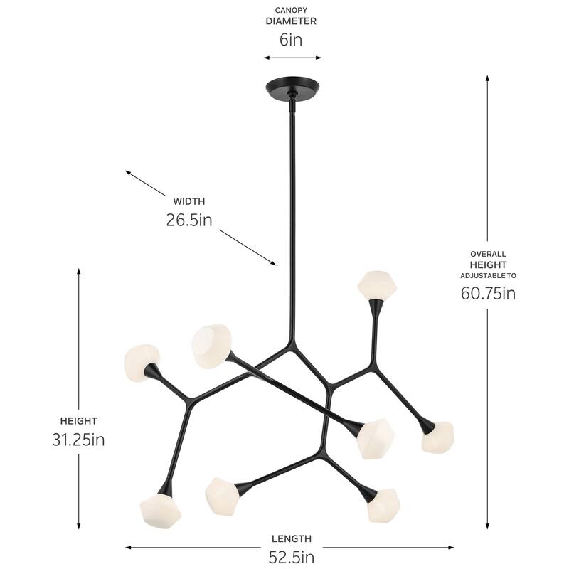 Cassius 52.5 Inch 8 Light Convertible Chandelier with Opal Glass in Black