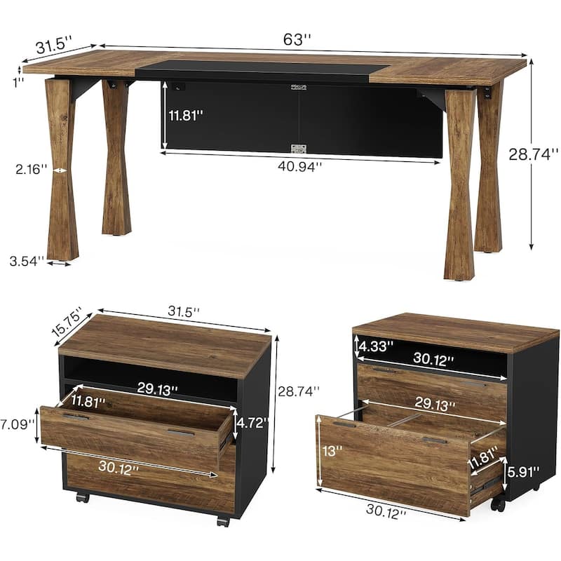 Rustic Wood L Shaped Desk Executive Desk with Drawers