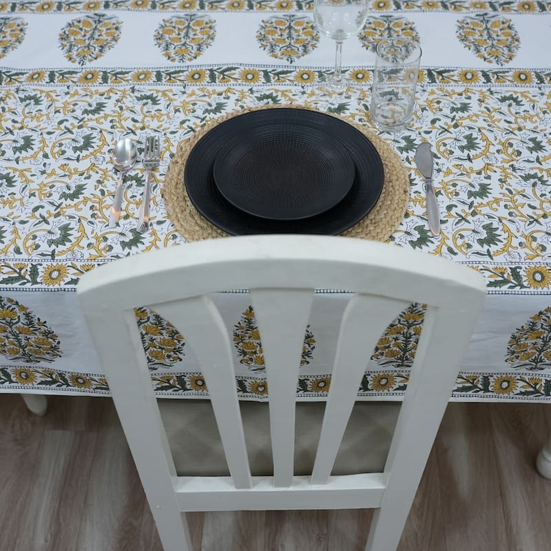 Fabdivine Handmade Block Print Cotton Brown Table Cover or Cloth Dining, Farmhouse & Kitchen Décor
