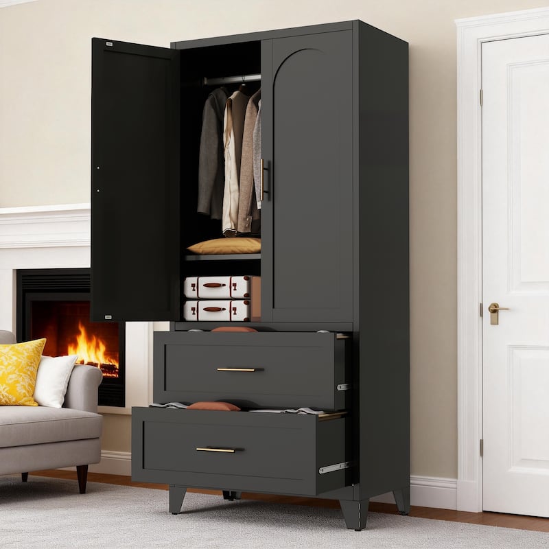 Tall Metal Wardrobe Armoire Cabinet with 2 Drawers and Hanging Rod, Black