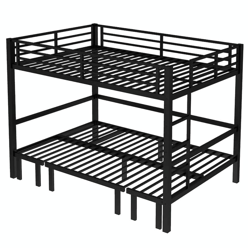 Pull-Out Bunk Bed with Three-Section Lower Bunk and Safety Rails on Top Bunk
