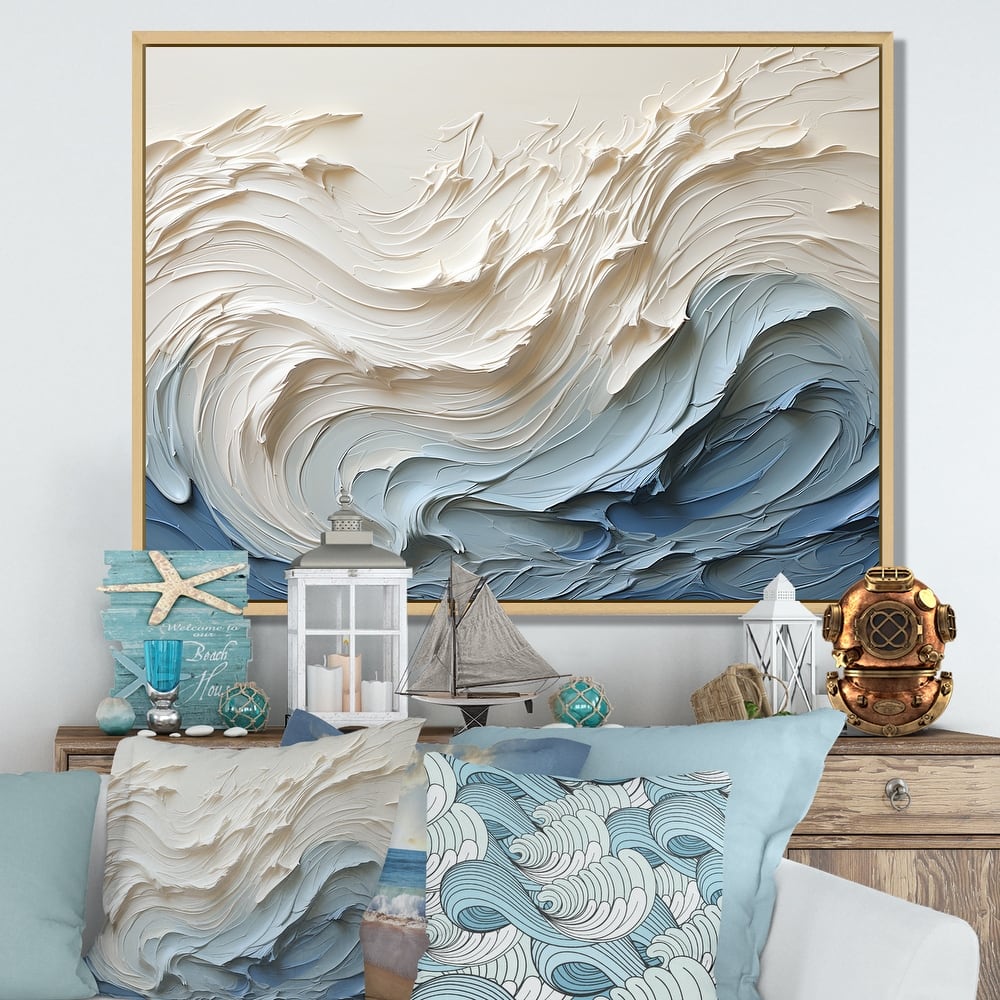 Designart "White And Blue Wave Papercut Style " Coastal Waves Framed Wall Decor