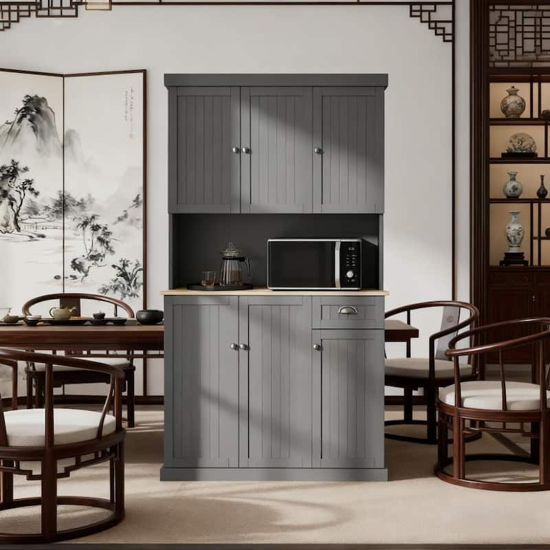 Large Kitchen Pantry Cabinet, 70.8" Wood Hutch Cabinet with Storage Drawers, Farmhouse Food Pantry with Microwave Stand