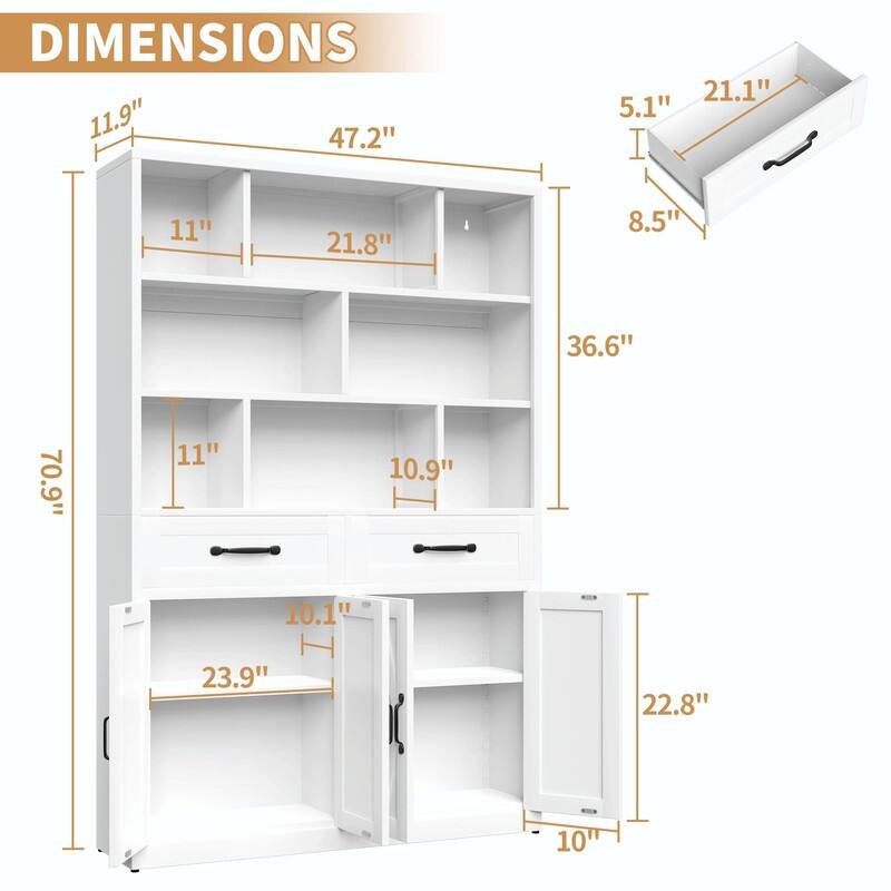 71" Tall Metal Bookcase with 2 Doors, 2 Drawers and Open Shelves