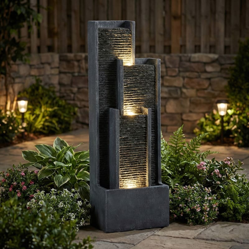 GDFStudio - Modern 40" Outdoor/Indoor Water Fountain with Floor-Standing Curved Cascading Waterfall & LED Lights