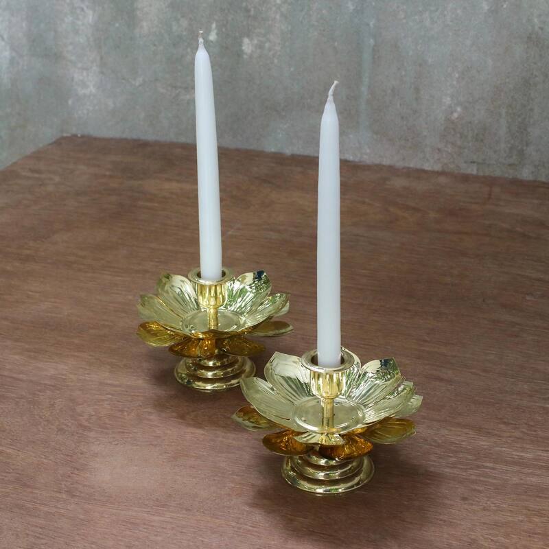 Novica Handmade Luminous Lotus Brass Candlesticks (Pair)