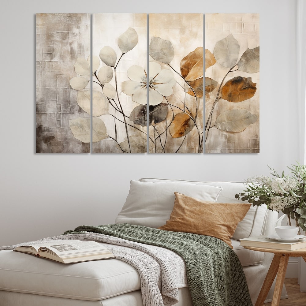 Designart "Beige Botanical Impressions III" Abstract Botanicals Multipanel Canvas Art Print set