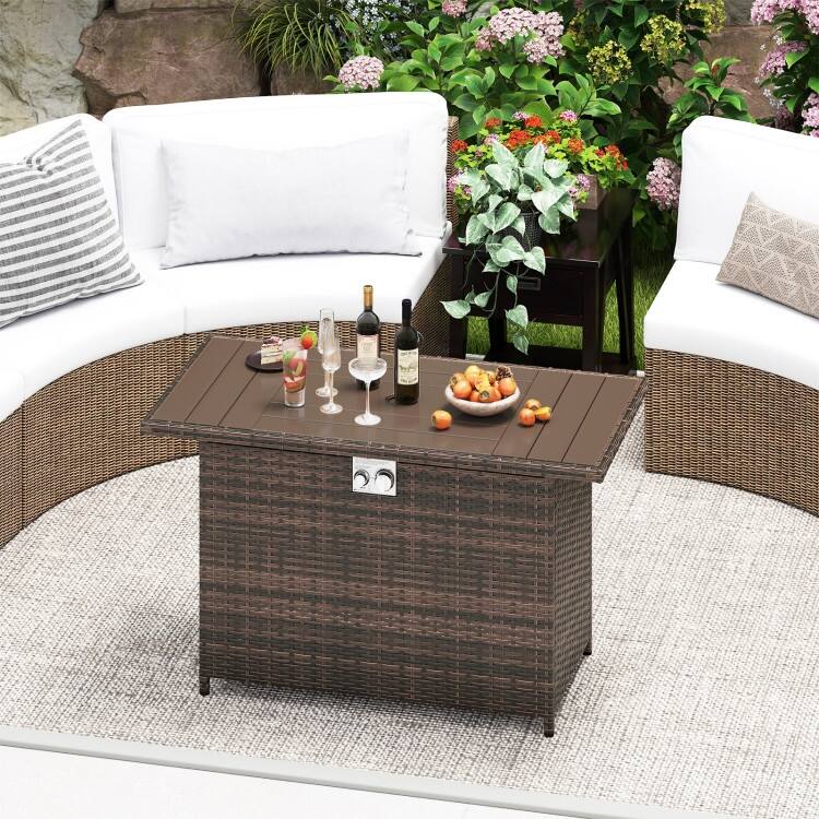 Propane Fire Pit Table 50000 BTU Outdoor Patio Heater with PE Rattan Coffee Table and Stainless Steel Burner