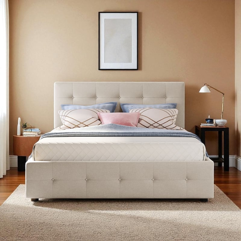 Queen Size Upholstered Platform Bed with Button-Tufted Headboard, 2 Storage Drawers and Twin XL Trundle, Linen Fabric - Beige - Queen