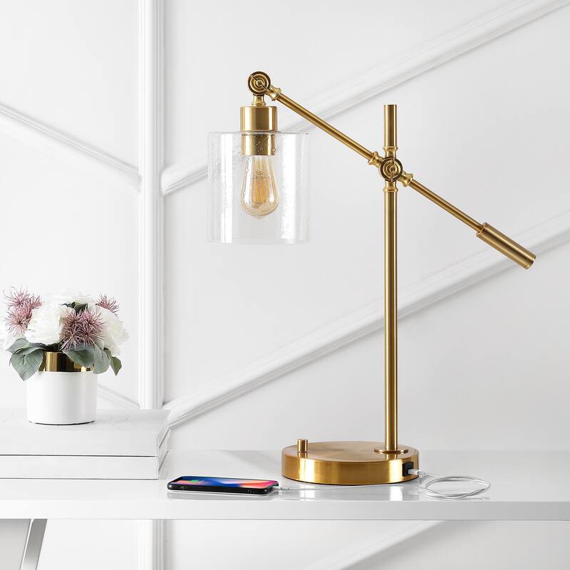 Jason Classic 23" Iron/Seeded Glass Adjustable Head Modern USB Charging LED Task Lamp, Brass Gold by JONATHAN Y - 1 Bulb