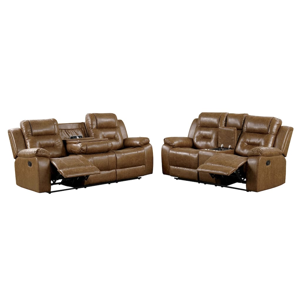 2 Piece Upholstered Manual Sofa Set with Cup Holders in Brown