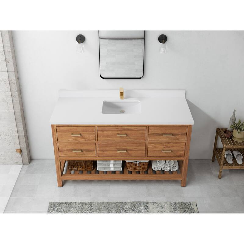 Willow Collections 60 in. W x 22 in. D Parker Solid Teak Single Sink Bathroom Vanity with Countertop - 2"White Quartz - Golden Teak