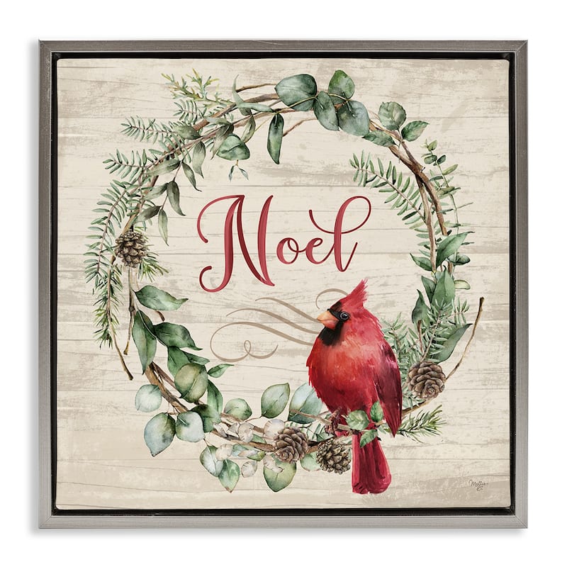Stupell Noel Wreath with Cardinal Framed Floater Canvas Wall Art Design By Mollie B. - 25 x 25 - Grey