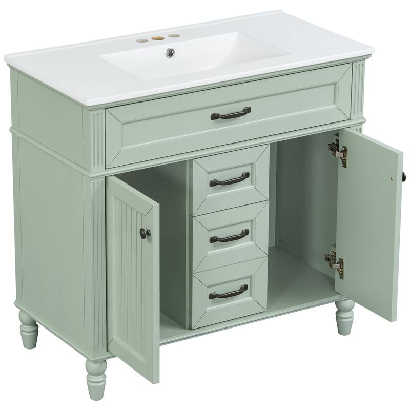GDF Studio - Sunny Modern Solid Wood + MDF 36-Inch Bathroom Vanity with Ceramic Sink and Flip-Out Drawer