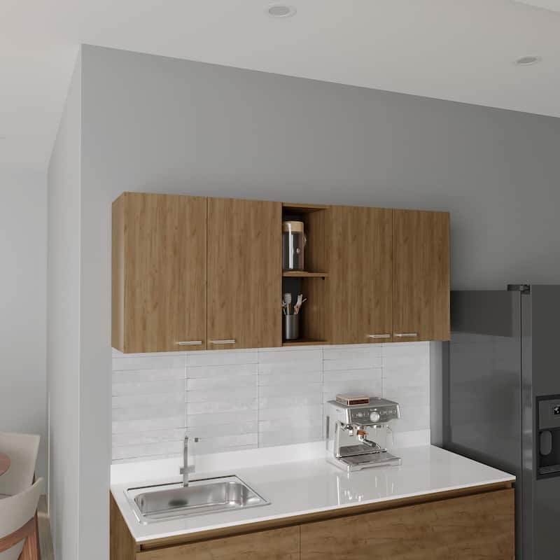 Wall Cabinet 24" H, Four Doors, Two Open Storage Shelves, Two Internal Shelves, Internal Dish and Glass Organizer - Natural Wood
