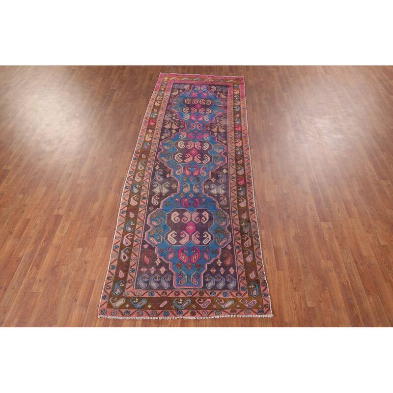 Geometric Meshkin Persian Vintage Runner Rug Hand-Knotted Wool Carpet - 3'9" x 10'6"