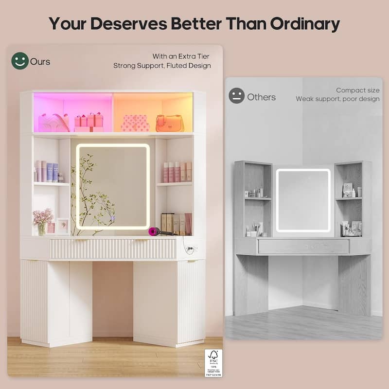 Corner Vanity Desk with Lighted Mirror Drawers Shelves Storage Stool