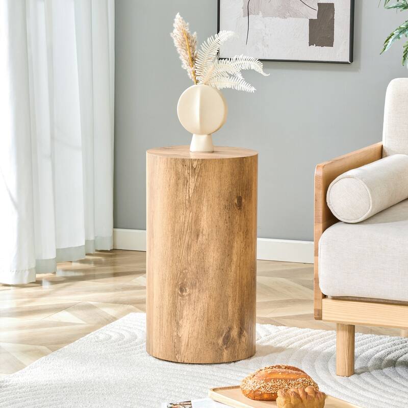 Simple wood grain cylindrical coffee table, 11.8-inch diameter x 21.6 inch height, MDF material living room furniture