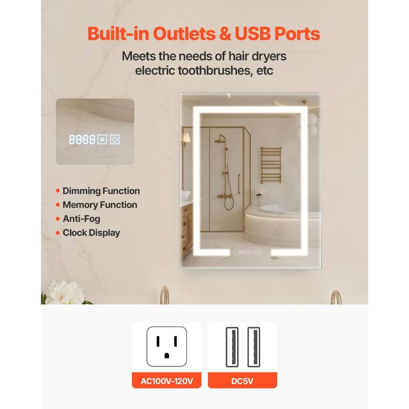 White LED Anti-Fog Bathroom Mirror Cabinet with Dimmable Lighting and Built-in Power Outlet - 24” x 4.9” x 29.9”