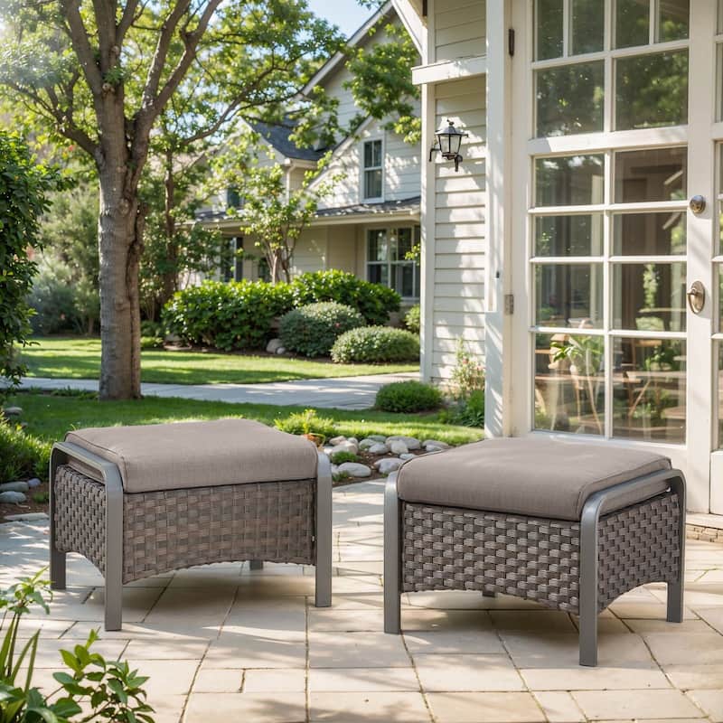 Outdoor Ottomans Rattan Footrests with Cushion Set of 2 - Grey - Brown