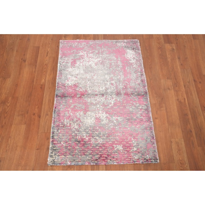 Hand Knotted Oriental Viscose Silk Carpet Modern Abstract Pink Abstract Area Rug - 3' 0'' X 2' 0''