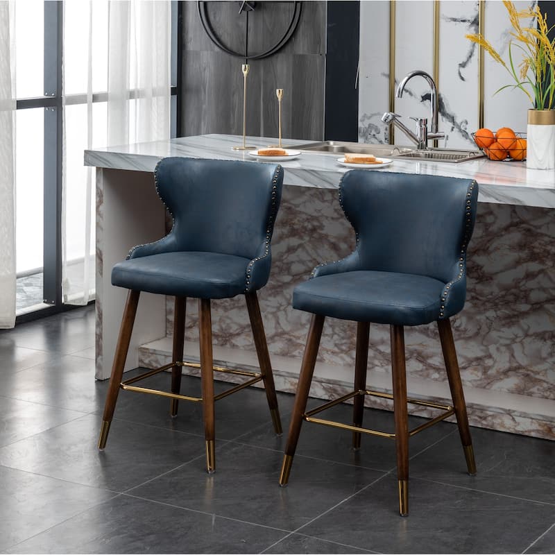 Modern Faux Leather Bar Stool Set of 2, Tufted Nailhead Trim Counter Stool with Footrest for Kitchen Island, Dining Room